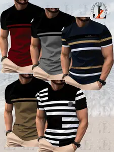 5-Pack Mixed Color Summer New Men's Streetwear Patchwork Striped Round Neck Short Sleeve T-Shirt, Casual Loose-Fit All-Over Print Tee