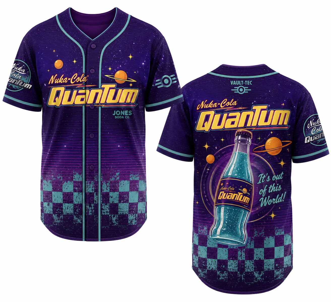 Nuka Cola Quantum Baseball Jersey - Fallout Inspired Full Button-Up, All-Over Print Baseball/Softball Shirt, Plus Size Fashion Sporty Chic for Men & Women