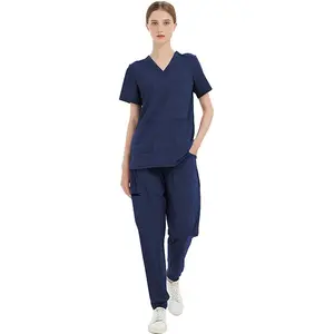 Scrub Sets Jogger style 4-Way Stretch Nurse Uniform Set Women's Medical Nursing Outfits V-Neck Top and Yoga Pants with High Waist and Drawstring