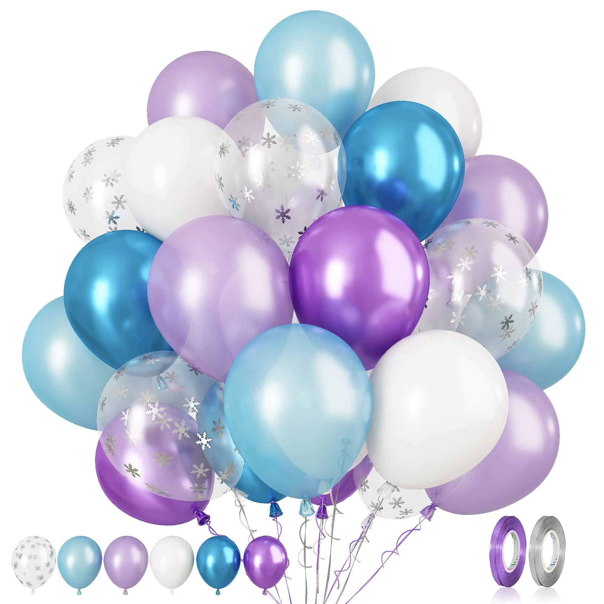 Frozen Balloons 60Pcs – 12 Inch Purple Blue White Snow Confetti Latex Balloons for Winter Party