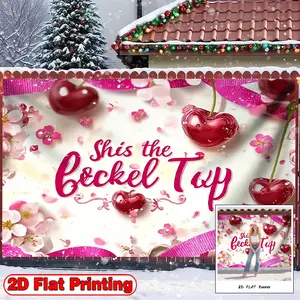2D Flat Banner, 1pc Cherry Themed Flag with Red Cherries and Sparkling Pink Theme - Polyester Fabric Photography Backdrop & Party for Christmas, Happy New Years Decor, Versatile Indoor & Outdoor Event Background, No Power Needed