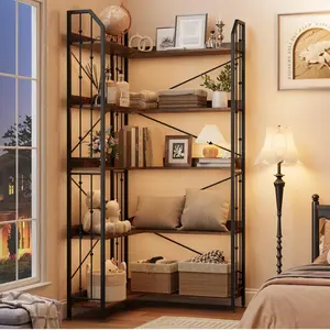 72" 5-Tier L-Shaped Corner Bookshelf, Industrial Open Bookcase with Beaded Design – Tall Storage Display Rack for Living Room & Bedroom, Black Retro