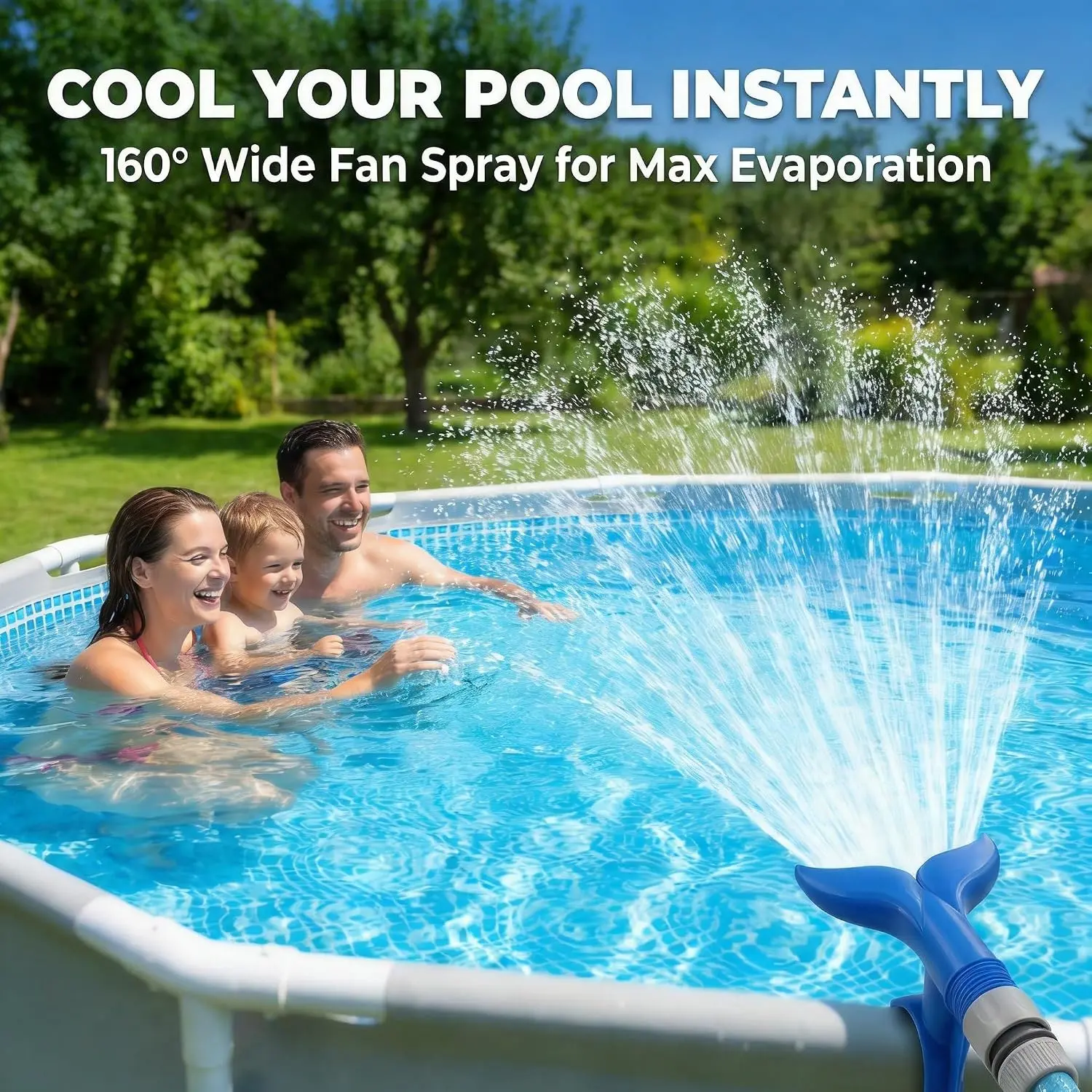 Fishtail Sprinkler Pool Aerator Fountain | 160° Wide Spread for Cooling & Aeration | 3/4" Universal Fit for Above Ground Pools | PETG Plastic | Water Feature & Summer Cooler (Blue)