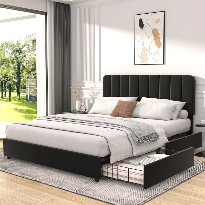 VECELO Bedframe - Contemporary Upholstered Metal & Wood Bedroom Furniture (78.5"l x 59.8"w x 44.1"h), Striped Surface, Adjustable Height, 4 Storage Drawers, Wood Slat Support, No Box Spring Needed, Easy Assembly (Full Size Bed Frames, Queen Bed Frame)