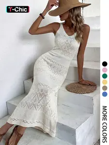 Women's Elegant V-Neck Sleeveless Dress, Casual Summer Beachwear, Fitted Plain Hollow Out Pattern, Thin Split Design, Fall Winter Fashion