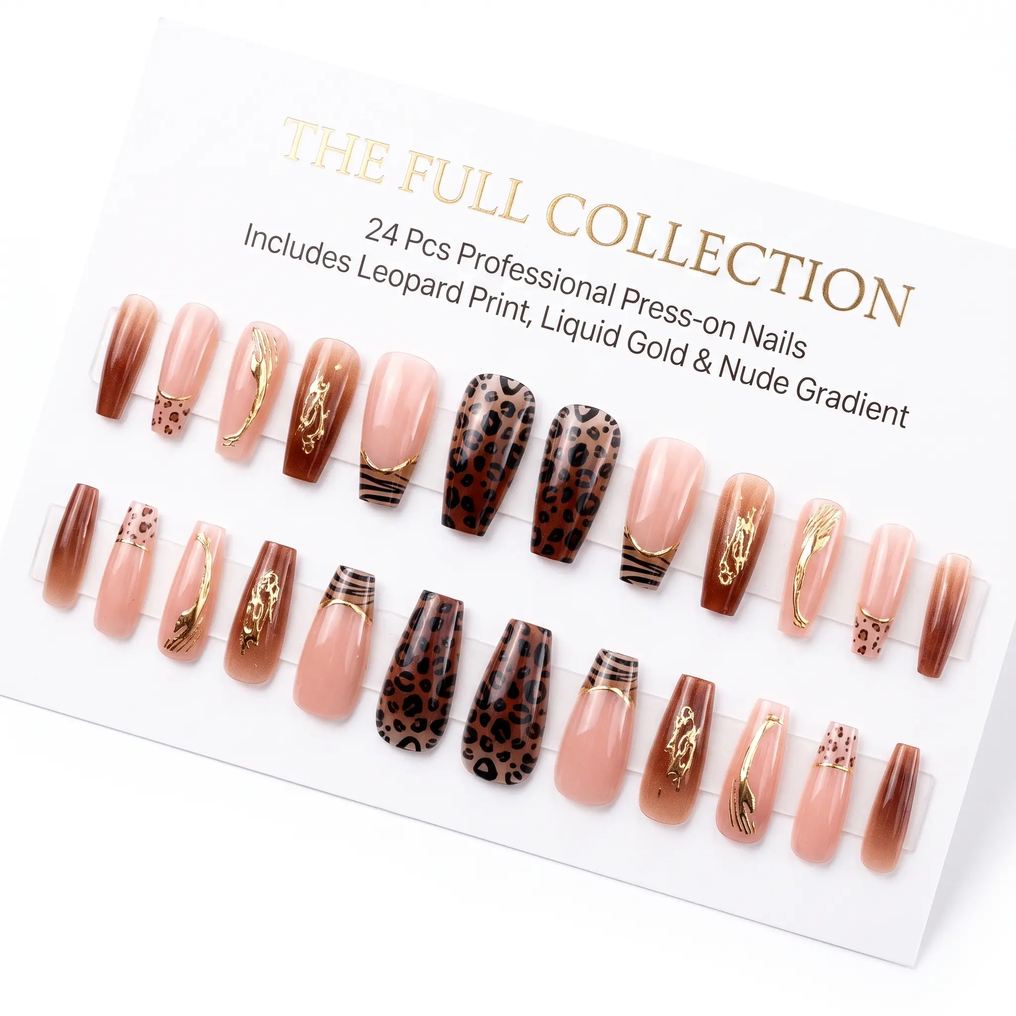 Zatvios 24Pcs Maillard Leopard Press On Nails 3D Liquid Gold Decor Coffin Fake Nails For Office Coffee Shop Dating Outfits