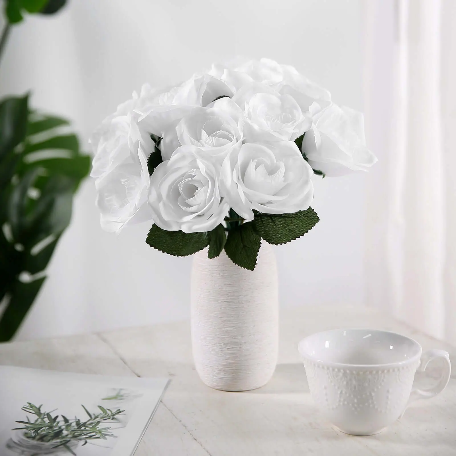 12-in Odorless White Velvet-Like Artificial Rose Bouquet, Floral Decor for Home, Wedding & Event Decor Flowers Arrangement