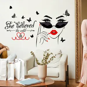2Pcs/Set (3060cm2pcs) Fashion Female Portrait Inspirational Quote Wall Sticker, She Believes She Can Do It, Decor for Living Room Bedroom