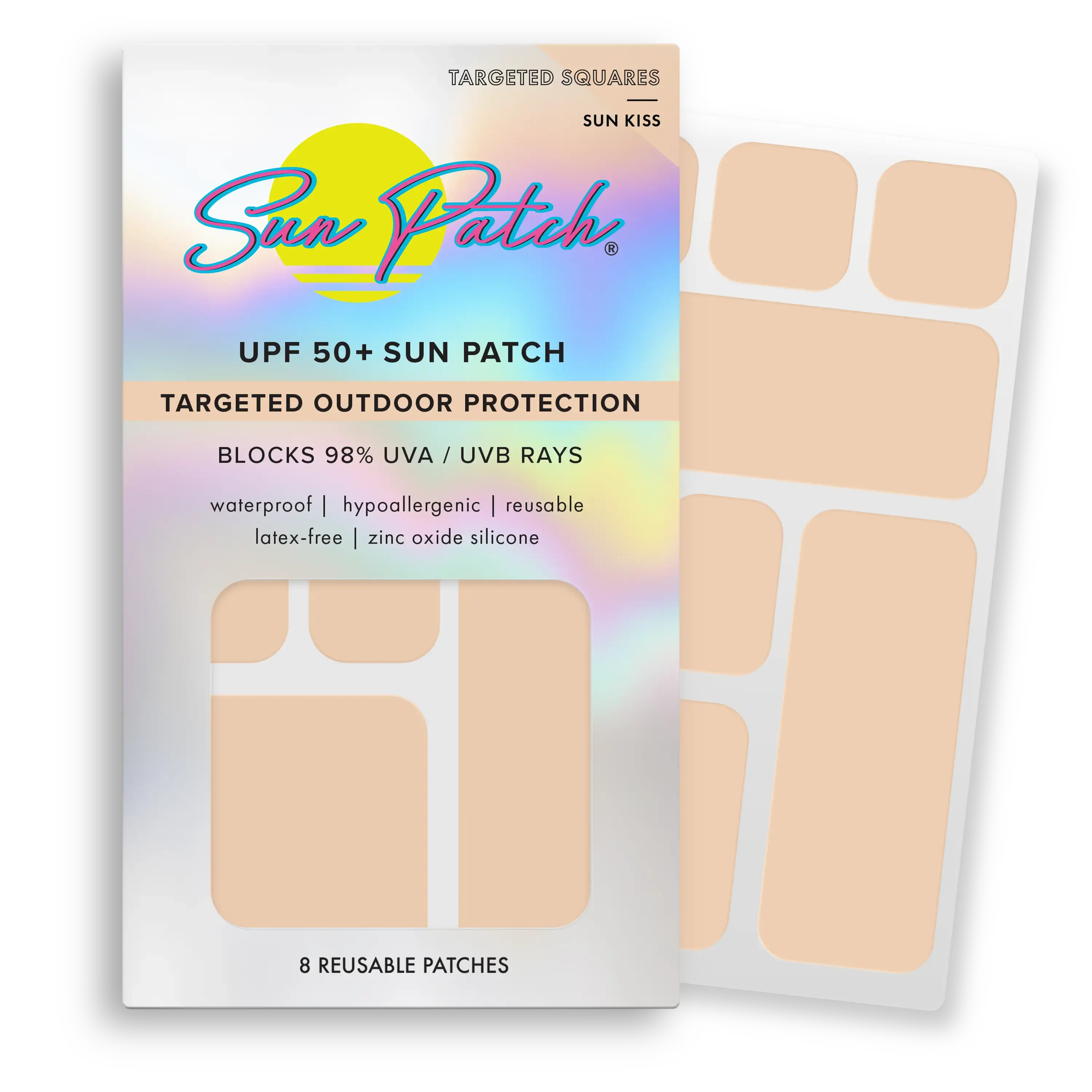 Sun Patch Hypoallergenic Sun-Screen Square Shaped Patches, 100% Silicone UPF-50 UV Protection, Waterproof, Reusable, 1 Pack/8 Squares, Sunkiss (Nude)