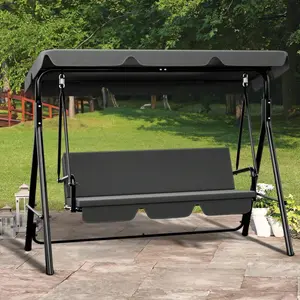 Patio Swing Front Porch Swing for Adults 3 Seat Porch Swings with Adjustable Canopy Outside Swing Bench with Removable Cushion, Suitable for Backyard, Garden, Yard, Poolside, Balcony