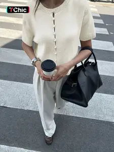 Women's Round Neck Short Sleeve Knit Cardigan with Pearl Buttons, Casual Versatile Fashion, Relaxed Fit for Everyday Wear, Womenswear, Knitwear