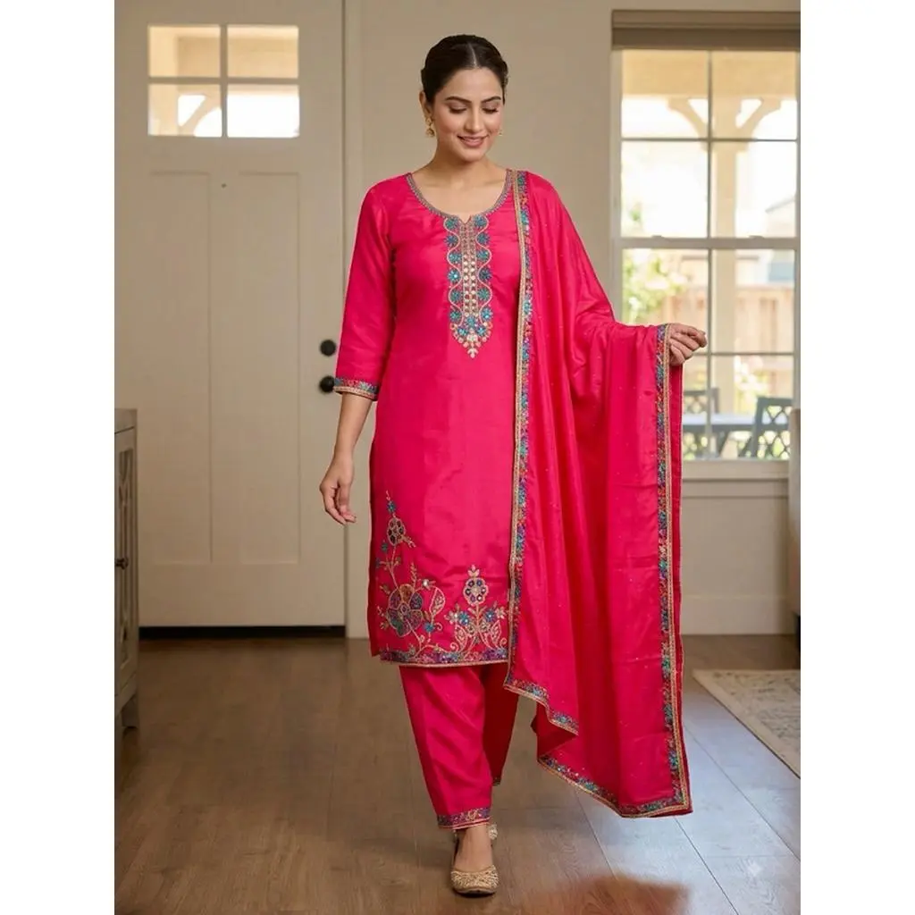 Women's Hot Pink 3-Piece Embroidered Kurta Set Traditional Ethnic Tunic Trousers & Dupatta Scarf Festive Party Wear Sizes M-XXXL