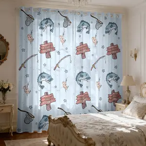 2-piece children's fun fishing style curtains cartoon big fish fishing rod fishing net print filter translucent curtains suitable for machine washable decorative curtains in living rooms, bedrooms, kitchens, etc. Home Decoration Curtain