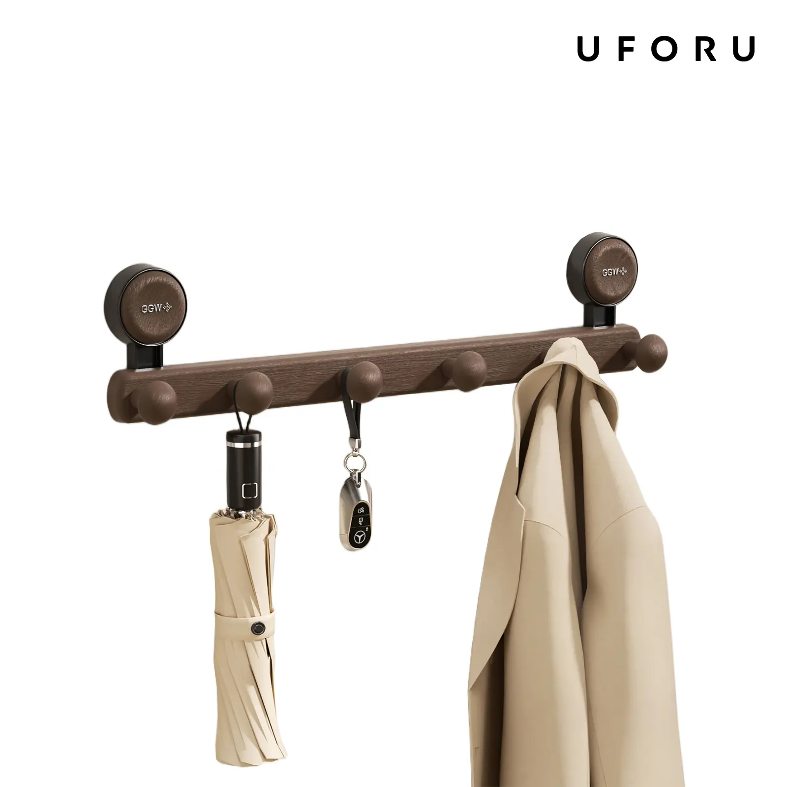UFORU  Suction Cup Coat Rack for Wall, No Drill Towel Hook Rack with 5 Pegs, Reusable Wall Mounted Hooks, Wood Grain Hat Rack for Bathroom, Entryway, Bedroom, Door, Jackets, Towels, Bags and Keys