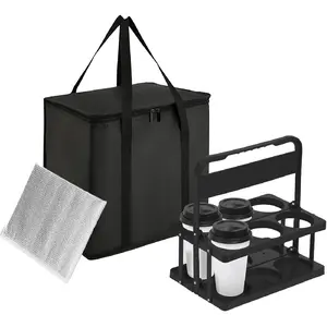Reusable 6 Cup Drink Carrier with Handle and Insulated Food Delivery Bag, Portable Plastic Cup Caddy, 26L Grocery Cooler Box for Car Delivery, Travel, Picnic