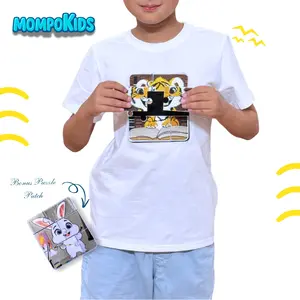 Puzzle Up Tiger&Bunny Short Sleeve T-Shirt with additional puzzle patch for girls and boys with removable puzzle pieces, Mompokids, fun, interactive, machine washable, improves fine motor skills, fidget toy you can't loose