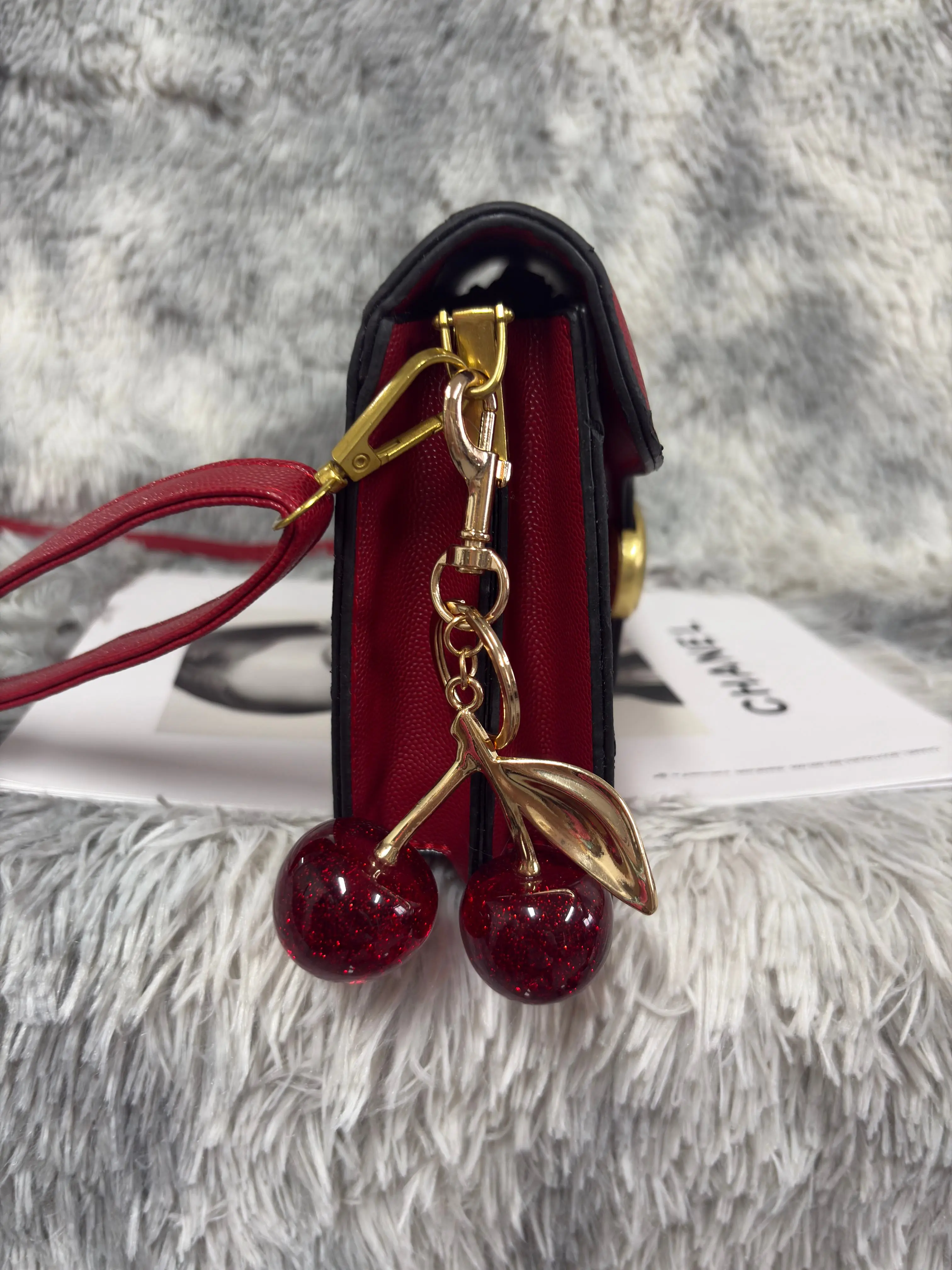 Leather Crossbody Shoulder Bag with Red Cherry Gold Leaf Charm Set, 1 Purse & Cherry Keychain Extender, Viral Y2K Soft Girl Coquette Accessory Gift for Her Teen Women