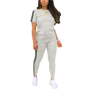 Women's 2-Piece Fitted Knitting Polyester Side Striped Set - Round Neck Short Sleeve Tee & Matching Trousers, Casual Lady Summer Sporty Jersey Clothes