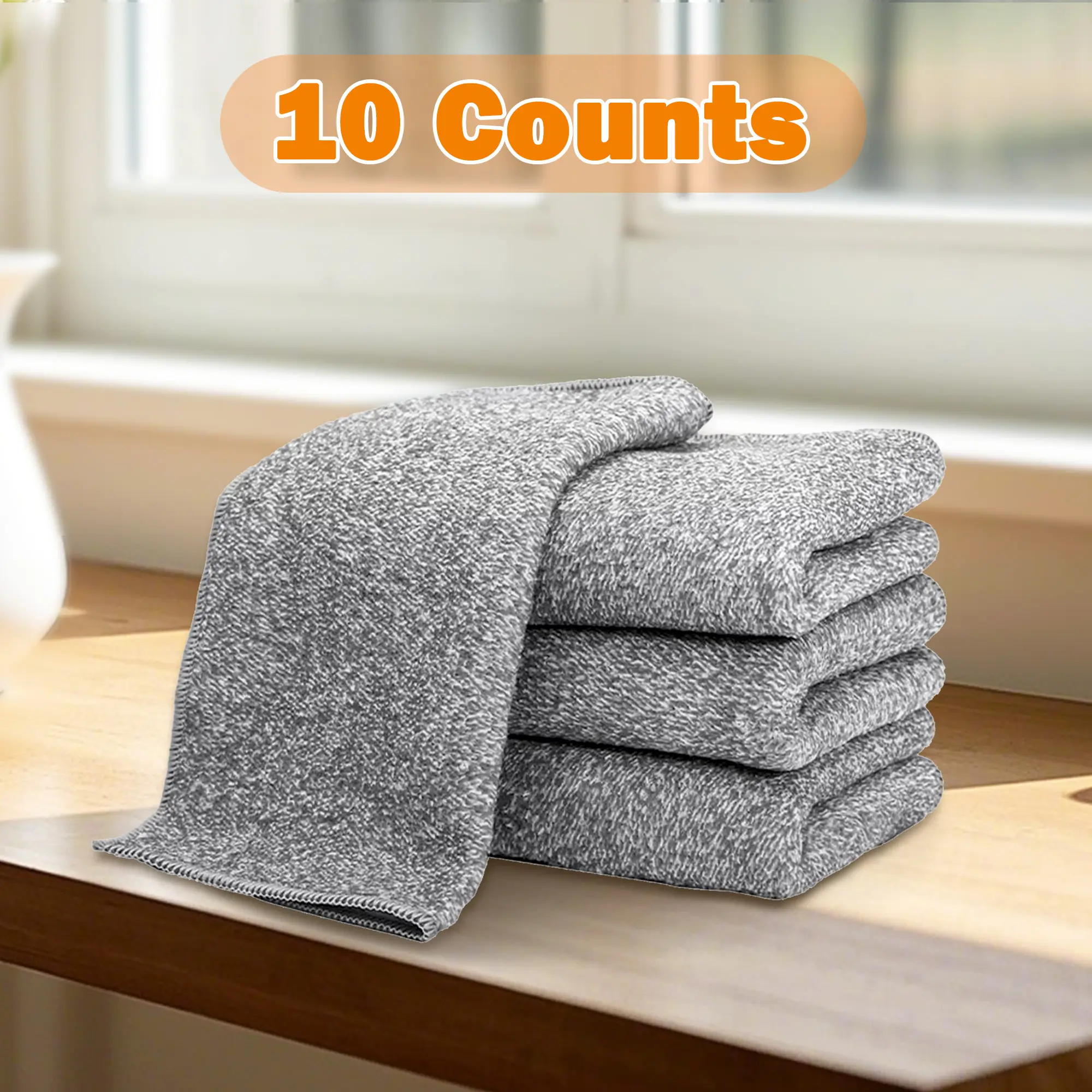 10-Count Large Size Solid Bamboo Charcoal Microfiber Cleaning Towels, Microfiber Cloth, Strong Water Absorption, Household Kitchen Wiping Supplies, Households