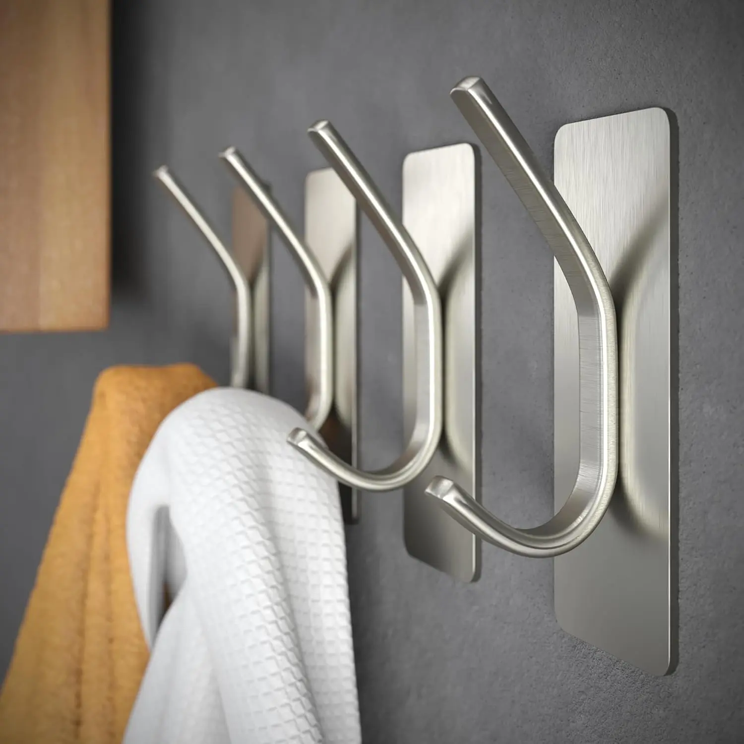 Adhesive Towel Hooks for Bathroom Wall Hooks for Hanging Heavy Duty for Door Coat Rack Sticky Hanger Holder Durable Stainless Steel (Silver, 4 Pack)