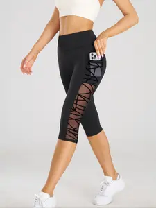 Women's Patchwork Mesh Yoga Pants, Athleisure Fitness Leggings, High Waist Tummy Control Butt Lift, Half Transparent Pockets, Outdoors  and Indoors