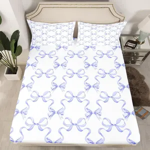 Purple Bowknot Fitted Sheet,Princess Style Watercolor Bow-tie Bed Sheet,Fairy Tale Bow Ribbon Crossed Purple White Soft Decorative Bedding(No Flat Sheet)