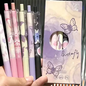 Butterfly Pattern Gel Pen (6 Counts/box), 0.5mm Quick Dry Black Ink Pen, Smooth Writing Pen, Stationery Supplies for Home School Office