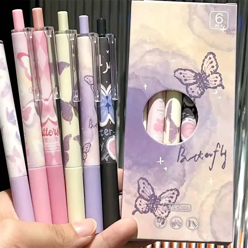 Butterfly Pattern Gel Pen (6 Counts/box), Pen Set, 0.5mm Quick Dry Black Ink Pen, Smooth Writing Pen, Stationery Supplies for Home School Office