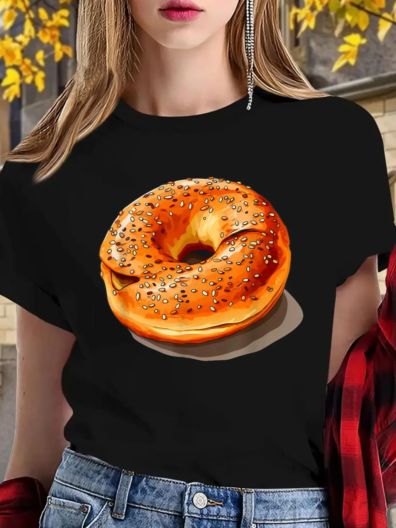 Printed Bagel Graphic Tops for Women, Casual Streetwear Style Loose Fit 100% Cotton Breathable Round Neck Short Sleeve T-Shirt, Shortsleeve