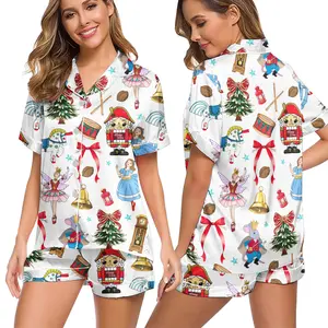 Women’s Nutcracker Christmas Pajama Set – Festive Holiday Ballet Print Satin Sleepwear, Short Sleeve Button-Up Top & Shorts Lounge Set, Soft Silky PJs for Christmas Season