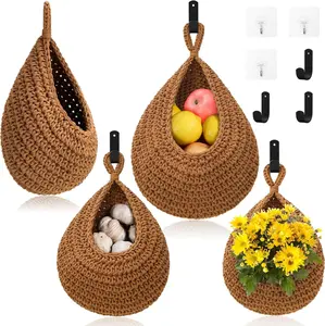 Hanging Fruit Baskets for Kitchen - 3 Pack Boho Wall Hanging Basket with 6 Pcs Strong Hooks, Handwoven Hanging Holder Teardrop Home Produce Basket for Fruits Vegetable Potato Onion Storage (Linen)