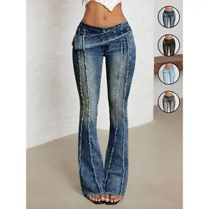Women's Low Waist Bell-Bottom Jeans With Big Sun Logo Button And Eyelets Big Belt,Dark Wash Bootcut Jeans,Comfortable Stretch Denim Jeans,Patchwork Fringe Washed Vintage Long Pants, Casual Denim Trousers for Everyday Wear