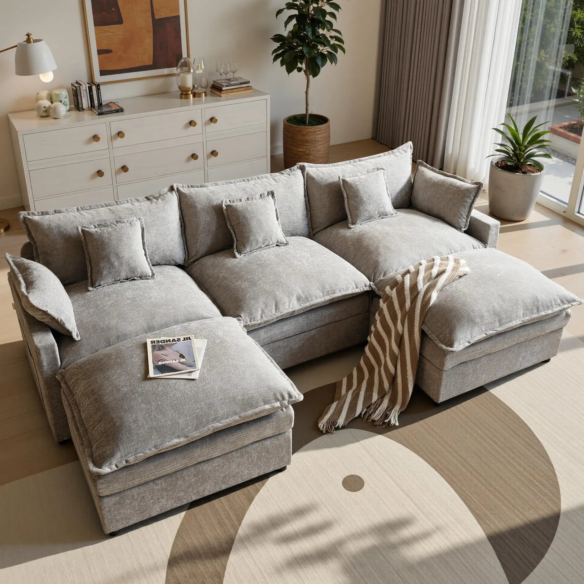 ALTRIGUS Modular Sectional Sofa 108" U-Shaped Modern Comfy Cloud Couch, 3-Seat Chenille Deep Seat Sofa with Throw Pillow & Movable Ottoman for Living Room, Bedroom and Apartment