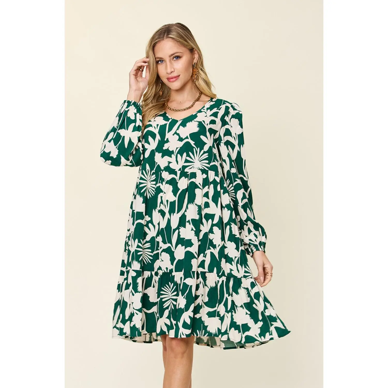 Double Take Full Size Printed Ruffle Hem Dress with Pocket