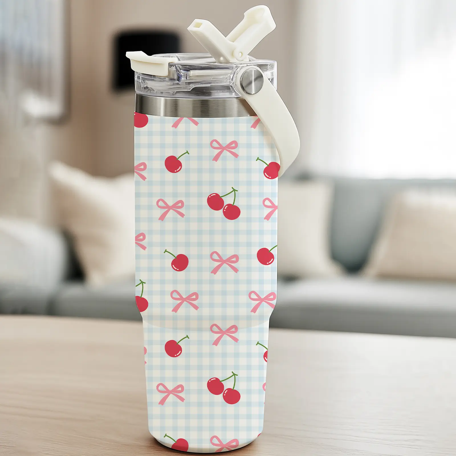 1 Pc 30oz insulated mug, cherry bow plaid design, double wall stainless steel, leak proof thermal mug, Insulated Vacuum Flasks, hot cold drinks, keeps warm 12 hours, cold 24 hours, travel tumbler with handle, gift for women, men