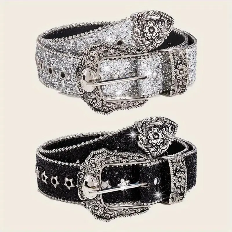 (Black Silver) belt y2k Handmade Rhinestone Belt Suitable For Both Men And Women,With Western Hip-hop Style, Perfect For Decorating And Matching With Jeans. Luxury Holographic Rhinestone Belt