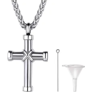 Mens urn necklace for Ashes, gold plated/black stainless steel cross memorial cremation pendant, keepsakes jewelry, 22 "-24", come with box