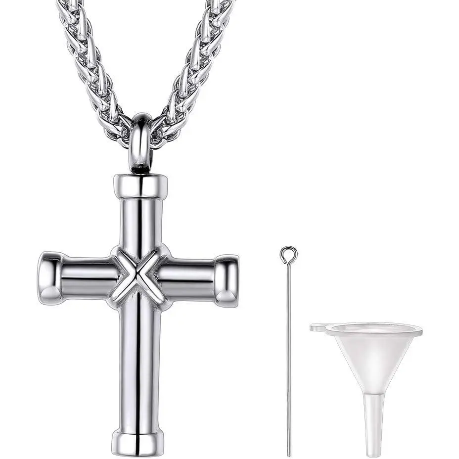 Men's Cremation Urn Necklace, Gold-Plated/Black Solid Stainless Steel Cross Pendant, Hypoallergenic Sturdy Chain Necklace, 22"-24" Length, Memorial Keepsakes Jewelry with Gift Box, Hypoallergenic Necklace