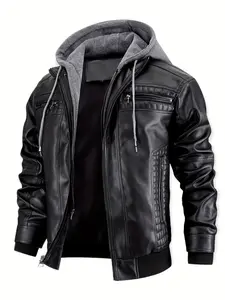 Stylish Plus Size Biker Jacket Slimming Fit Faux Leather Hoodie for Big Men Streetwear Fashion with Zipper Closure