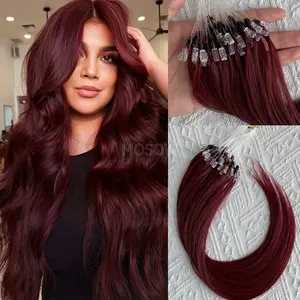 Wholesale Fashionable 2025 50pcs Cherry Red Micro Link Human Hair Extensions - 12-20 Inch Natural Straight Loop Ring Extensions for Caucasian Women, Elegant Burgundy Hair Color, Seamless Blending & Damage-Hair Additions, Stylish Hair Addition, Sleek