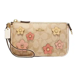 COACH Nolita 19 Classic Floral Embroidered Zip-Top PVC Clutch Bag for Women, Small Size, Khaki