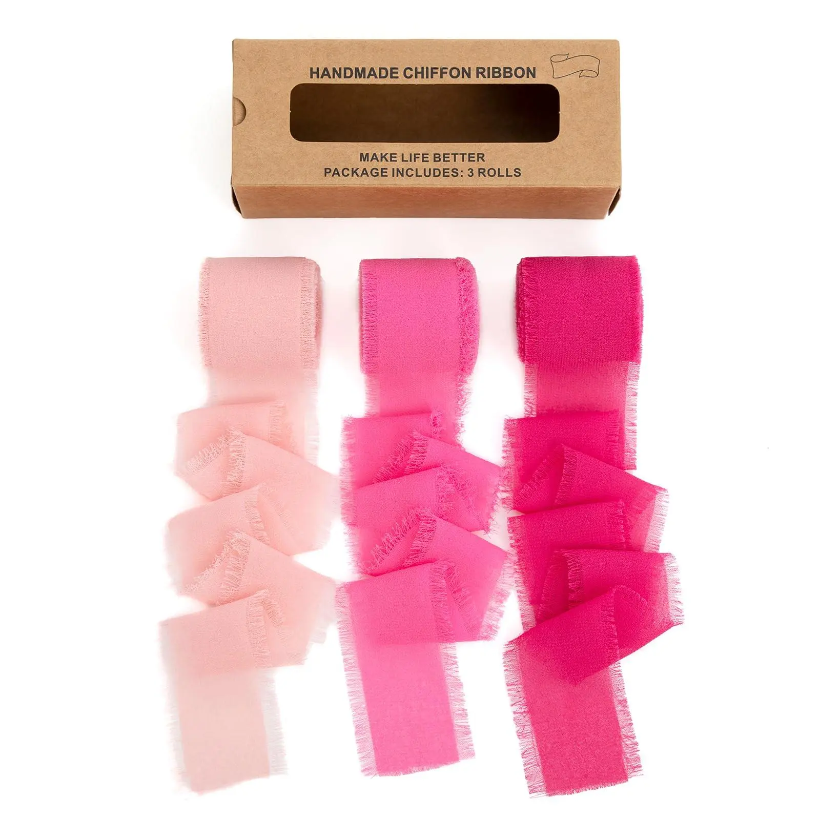Hot Pink Pastel Handmade Chiffon Ribbon 1.5" X 21yd Frayed Silk Ribbons For Wreaths Bridal Flower Bouquet Christmas Gift Wrapping Wedding Decor Invitations Decorations (7yards 3 Rolls)