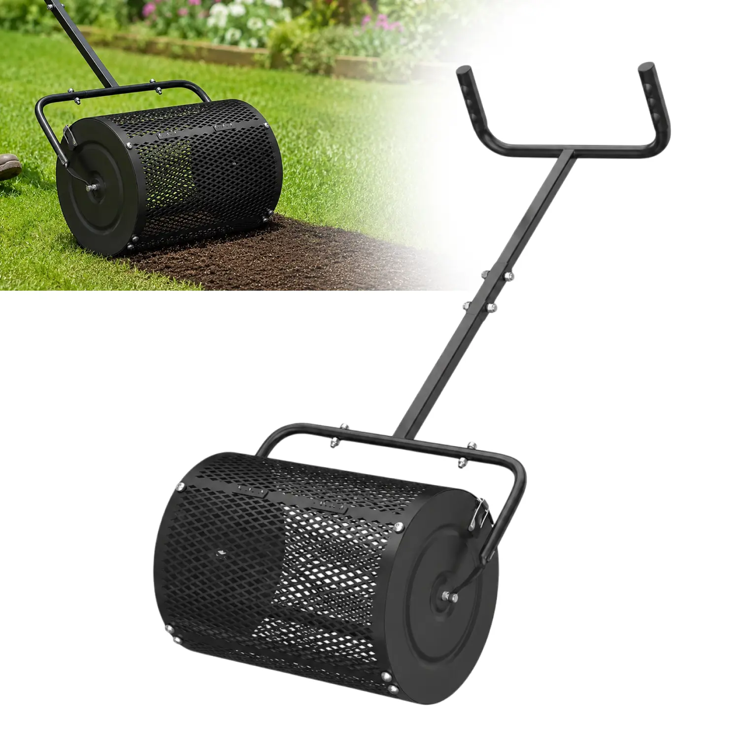 Heavy Duty Lawn and Garden Compost Roller Spreader, 24in Peat Moss Roller Spreader with 41-46in Adjustable U-Shaped Metal Mesh Handle for Mulch, Soil Topdressing & Distributing Peat Moss Tasks
