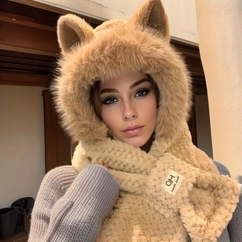 Solid Color Hooded Scarf Hat for Women, Cute Thick Thermal Plush Winter Wear with Cartoon Ears, Plain, Solid Colors, Plush Fabric, Female Fit, Extra Thick, One Size