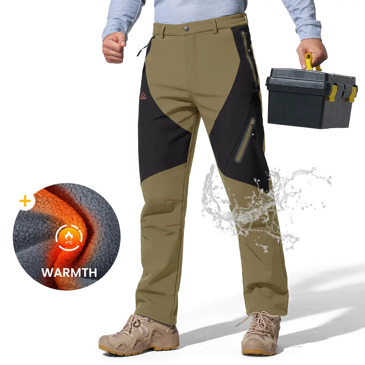 GOPUNE Men's Windproof Warm Work Pants Fleece Insulated Ski Snow Pants Water Resistant Outdoor Trousers with 4 Zip Pockets, Regular Fit for Hiking, Camping ,Solid Black Winter Pants