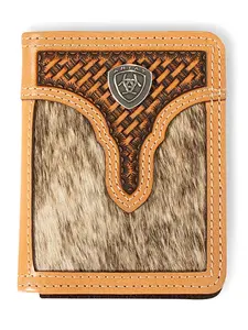 Ariat Men’s Bifold Leather Wallet - Western Genuine Leather, Calf Hair, Basket Weave, Embossed Flip Design, Card Slots, Style A3561848