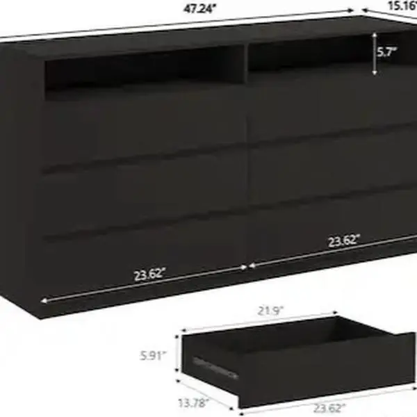 Vipbear - 6-Drawer Double Dresser with Power Outlet & LED Lights, Wide Storage Chest with Open Shelving - Black