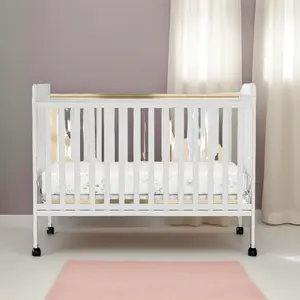 3-in-1 Convertible Crib for Newborns, Classic Solid Wood Baby Bed with Adjustable Height & Smooth Locking Wheels for Infants & Toddlers
