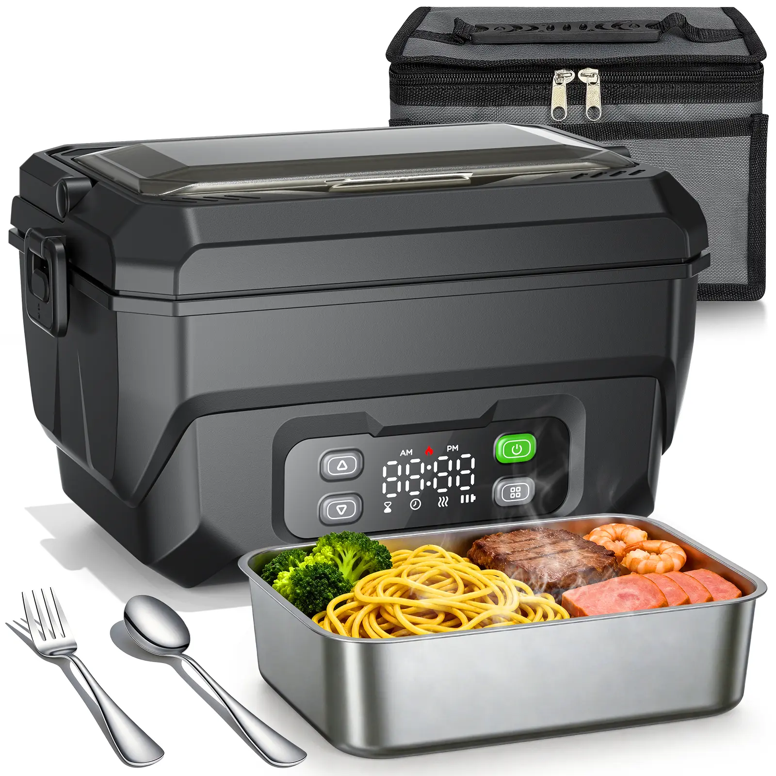 Cordless Electric Lunch Box 1.5L, Portable Self Heating Lunch Box for Work & Travel, 22500mAh Heated Lunch Box for Men with Removable Stainless Steel Container, Lunch Bag, Fork and Spoon