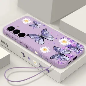 Purple Butterfly Pattern Case For Samsung Galaxy A56 A17 A55 A54 A36 A15 A25 A35 A14 A16 5G Soft Silicone Lanyard Phone Cover Smartphone